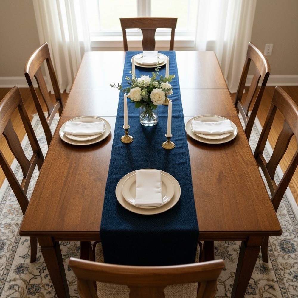 Navy Blue Geometric Weave Table Runner Textured Mid-weight Fabric 13 1/2" x 72"
